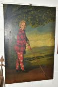 AN EARLY 20TH CENTURY OIL ON CANVAS, depicting a male figure playing golf, he is wearing a tartan