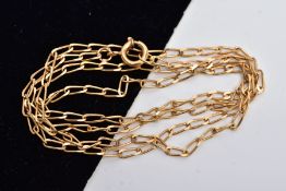 A YELLOW METAL PORTUGUESE CURB LINK CHAIN, elongated links, fitted with a spring clasp, stamped with