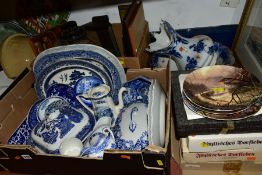 FOUR BOXES AND LOOSE CERAMICS AND GLASS, ETC, to include blue and white tureens, platters, plates,
