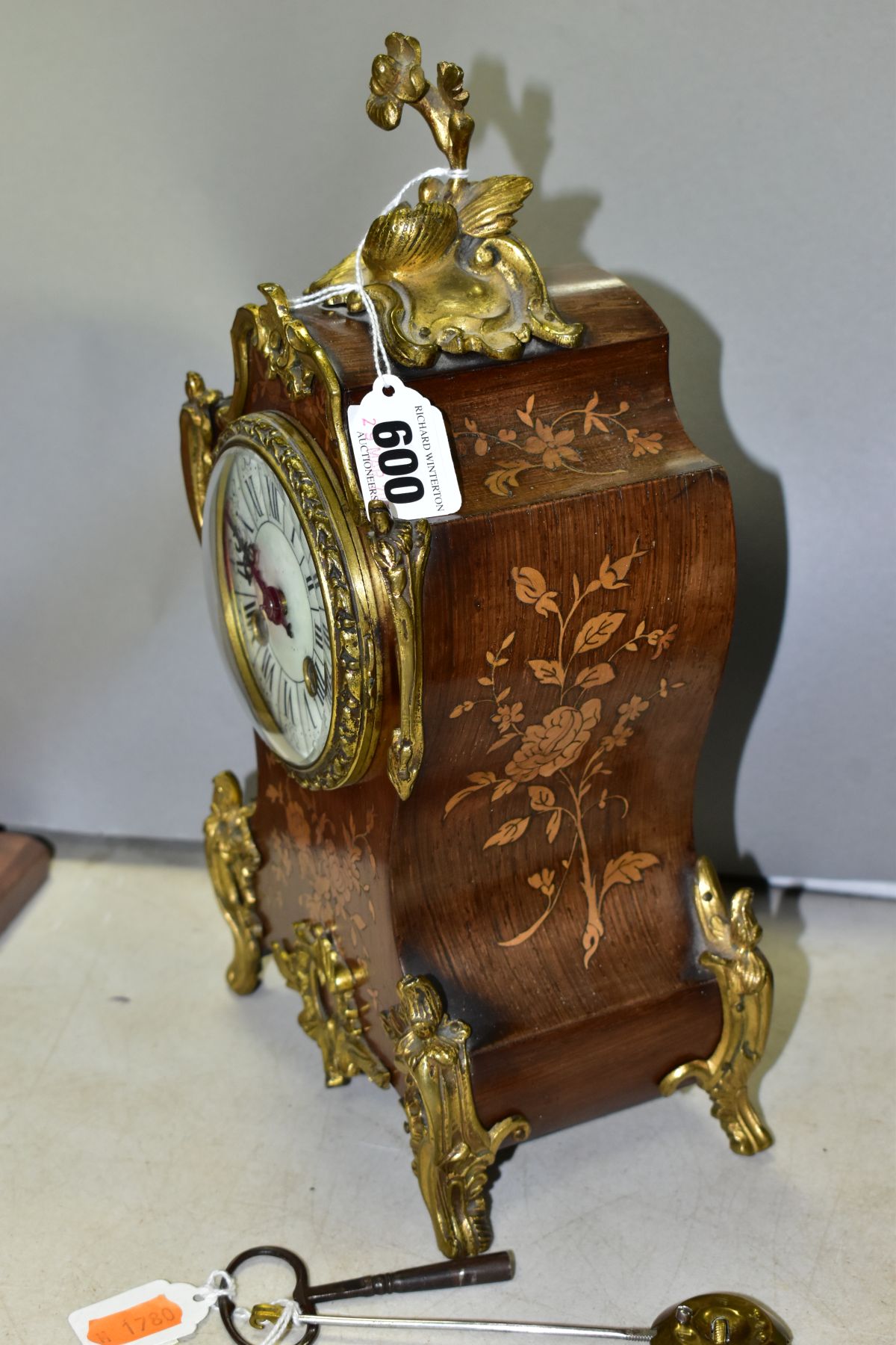 A LATE 19TH CENTURY LOUIS XVI STYLE GILT METAL AND MARQUETRY MANTEL CLOCK, enamel dial, Arabic and - Image 3 of 7