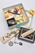 A BOX OF ASSORTED ITEMS, to include a wide silver hinged bangle, with an engraved foliate design,