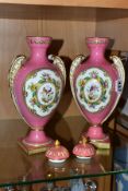 A PAIR OF MID 19TH CENTURY ENGLISH PORCELAIN TWIN HANDLED VASES AND COVERS, the domed and fluted
