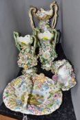 FIVE PIECES OF EARLY VICTORIAN COALBROOKDALE STYLE PORCELAIN, all with floral encrusted