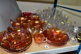 A QUANTITY OF ORANGE CARNIVAL, CRANBERRY AND CLEAR GLASSWARE, including a Freudenberg globlet, a