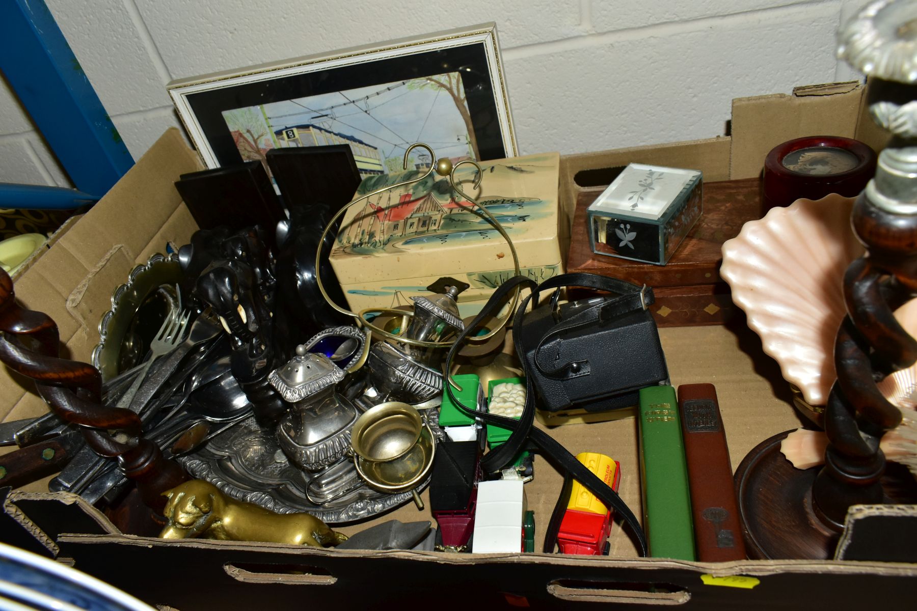 FOUR BOXES OF CERAMICS AND GLASSWARE, METALWARE, etc, including a pair of late Victorian - Image 9 of 11