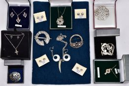 A BOX OF ASSORTED WHITE METAL CELTIC JEWELLERY, to include four sets of 'Sterling Silver' stud