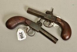 A PAIR OF APPROXIMATELY 40 BORE ANTIQUE PERCUSSION BOXLOCK POCKET PISTOLS fitted with 4¾'' barrels