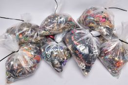 SEVEN BAGS OF COSTUME JEWELLERY, to include beaded necklaces, bangles and earrings