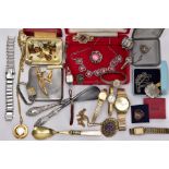 A BOX OF ASSORTED ITEMS, to include a silver handled button hook with a steel hook hallmarked