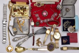 A BOX OF ASSORTED ITEMS, to include a silver handled button hook with a steel hook hallmarked