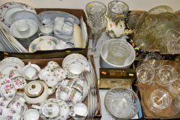 FOUR BOXES AND LOOSE TEAWARES, GLASS AND PICTURES, ETC, to include Crown Staffordshire B911 pattern,