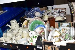 FOUR BOXES OF 19TH AND 20TH CENTURY CERAMICS, etc, including two French Limoges style tea plates,