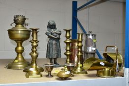 COPPER AND BRASS etc, comprising two pairs of candlesticks, oil lamp base converted to electric,