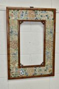 A CHINESE PICTURE FRAME INSET WITH 19TH CENTURY EMBROIDERED SILK PANELS, innder dimensions 44cm x