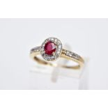 A 9CT GOLD RUBY AND SPINEL CLUSTER RING, designed with a central oval cut ruby within a circular cut