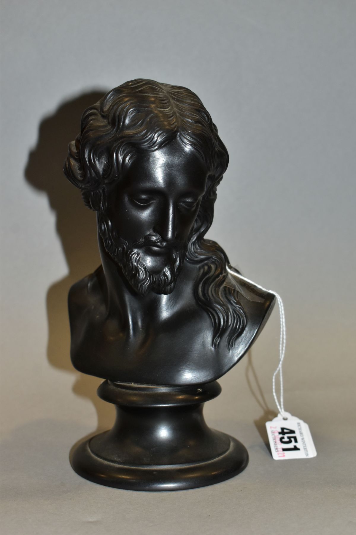 A LATE 19TH CENTURY WEDGWOOD BLACK BASALT BUST OF JESUS CHRIST, impressed marks to back of bust