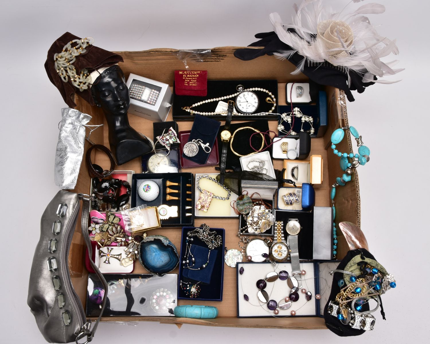 A BOX OF ASSORTED ITEMS, to include various costume jewellery pieces such as yellow and white