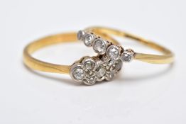 TWO YELLOW METAL DIAMOND SET RINGS, the first designed with a cluster row of old cut diamonds,