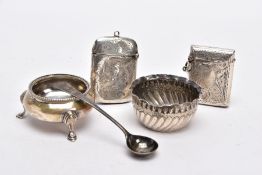 A SELECTION OF SILVER ITEMS, to include two silver vestas, the first of a rectangular form with an