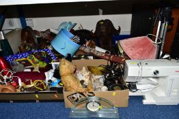 FOUR BOXES AND LOOSE SUNDRY ITEMS ETC, to include a Janome 1550 sewing machine, Bush DAB radio,
