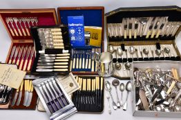 A BOX OF CASED VICTORIAN, EDWARDIAN AND LATER CUTLERY AND FLATWARE, including fish eaters, dessert