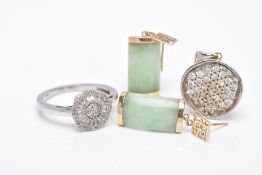 A PAIR OF 9CT GOLD JADE EARRINGS, A DIAMOND CLUSTER RING AND A PENDANT, the earrings designed with a