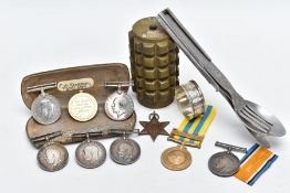 A BOX CONTAINING A SELECTION OF WWI/WWII/KOREA MEDALS and other items to include five x British