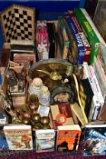 THREE BOXES OF SUNDRY ITEMS etc to include a magnetic chess set, brass candlesticks, goblets and