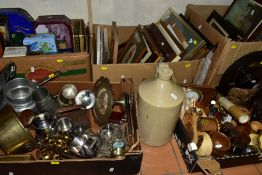 FIVE BOXES AND LOOSE PICTURES, PRINTS, METALWARES, TINS, etc, including a stoneware flagon, petit