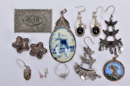 A BAG OF ASSORTED WHITE METAL JEWELLERY, to include a rectangular marcasite 'RJB' brooch, stamped '