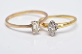 TWO DIAMOND SET RINGS, the first designed with a claw set marquise cut diamond, total estimated