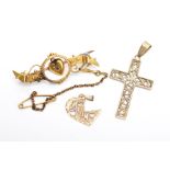A 9CT GOLD CROSS PENDANT AND A YELLOW METAL BROOCH AND PENDANT, the cross pendant with an openwork