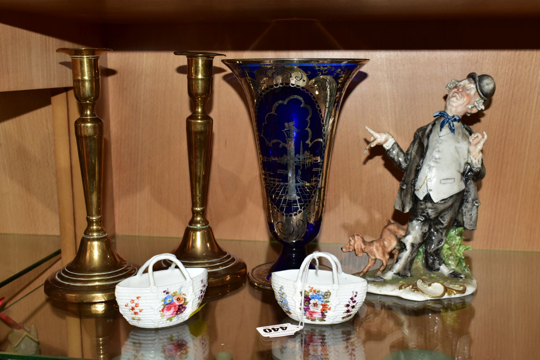 A SMALL GROUP OF CERAMICS, GLASS AND A PAIR OF LATE GEORGIAN BRASS CANDLESTICKS, comprising a pair