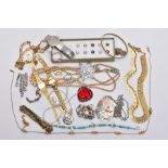 A BAG OF ASSORTED COSTUME JEWELLERY, to include three ladies wristwatches with names such as '