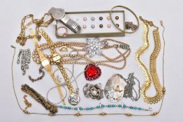 A BAG OF ASSORTED COSTUME JEWELLERY, to include three ladies wristwatches with names such as '