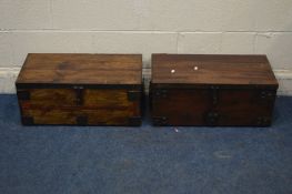 A PAIR OF HARDWOOD AND METAL BOUND TOOL CRATES, width 62cm x depth 32cm x height 27cm