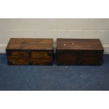 A PAIR OF HARDWOOD AND METAL BOUND TOOL CRATES, width 62cm x depth 32cm x height 27cm