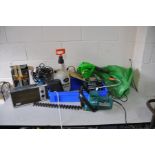 A TRAY CONTAINING GARDEN RELATED ITEMS including a Clarke Hippo Submersible pump (PAT fail due to