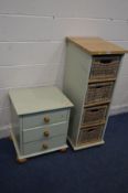 A LIME GREEN PAINTED THREE DRAWER BEDSIDE CHEST along with a similar tall chest of four drawers,