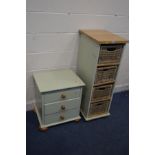 A LIME GREEN PAINTED THREE DRAWER BEDSIDE CHEST along with a similar tall chest of four drawers,