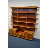 A BESPOKE MAHOGANY OPEN BOOKCASE above triple section cupboard base, width 213cm x depth 49cm x