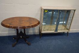 A LATE VICTORIAN BURR WALNUT AND MARQUETRY INLAID OVAL LOO TABLE, length 103cm x depth 74cm x height