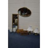 A GILT FRAMED OVAL WALL MIRROR, a similar rectangular wall mirror, two carrying crates, four table