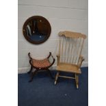 A MAHOGANY SAVONAROLA STOOL along with an Edwardian circular mirror and a beech spindle back rocking