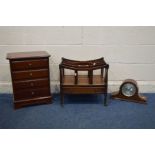 A MAHOGANY BEDSIDE CHEST OF THREE DRAWERS, width 43cm x depth 33cm, a mahogany canterbury with a