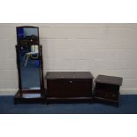 THREE VARIOUS STAG MINSTREL BEDROOM FURNITURE, to include a cheval mirror, blanket chest and a