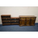 AN OAK SIDEBOARD with three drawers, width 138cm x depth 47cm x height 80cm, an old charm oak