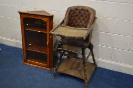 A METAMORPHIC HIGH CHAIR together with an oak hanging corner cupboard with a single glazed door (2)