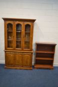 A HARDWOOD GLAZED DOUBLE DOOR BOOKCASE, width 120cm x depth 43cm x height 198cm and a cherrywood