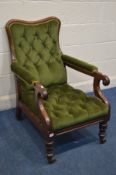 A GEORGIAN MAHOGANY LIBRARY OPEN ARMCHAIR, with scrolled armrests, on turned legs, width 68cm x
